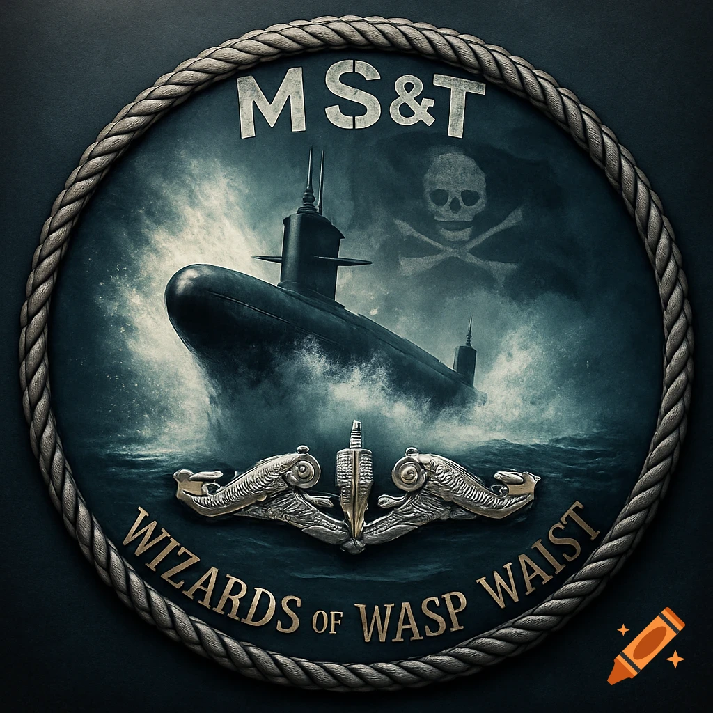 A circular nautical poster with a rope border, featuring a submarine bursting from stormy waters, a skull and crossbones flag, and a US Navy submarine warfare insignia. Text reads MS&T and Wizards of Wasp Waist.