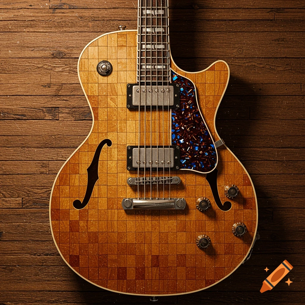 A mosaic-style electric guitar with honey-toned wooden tiles and a blue-flecked pickguard rests on a dark wooden surface.