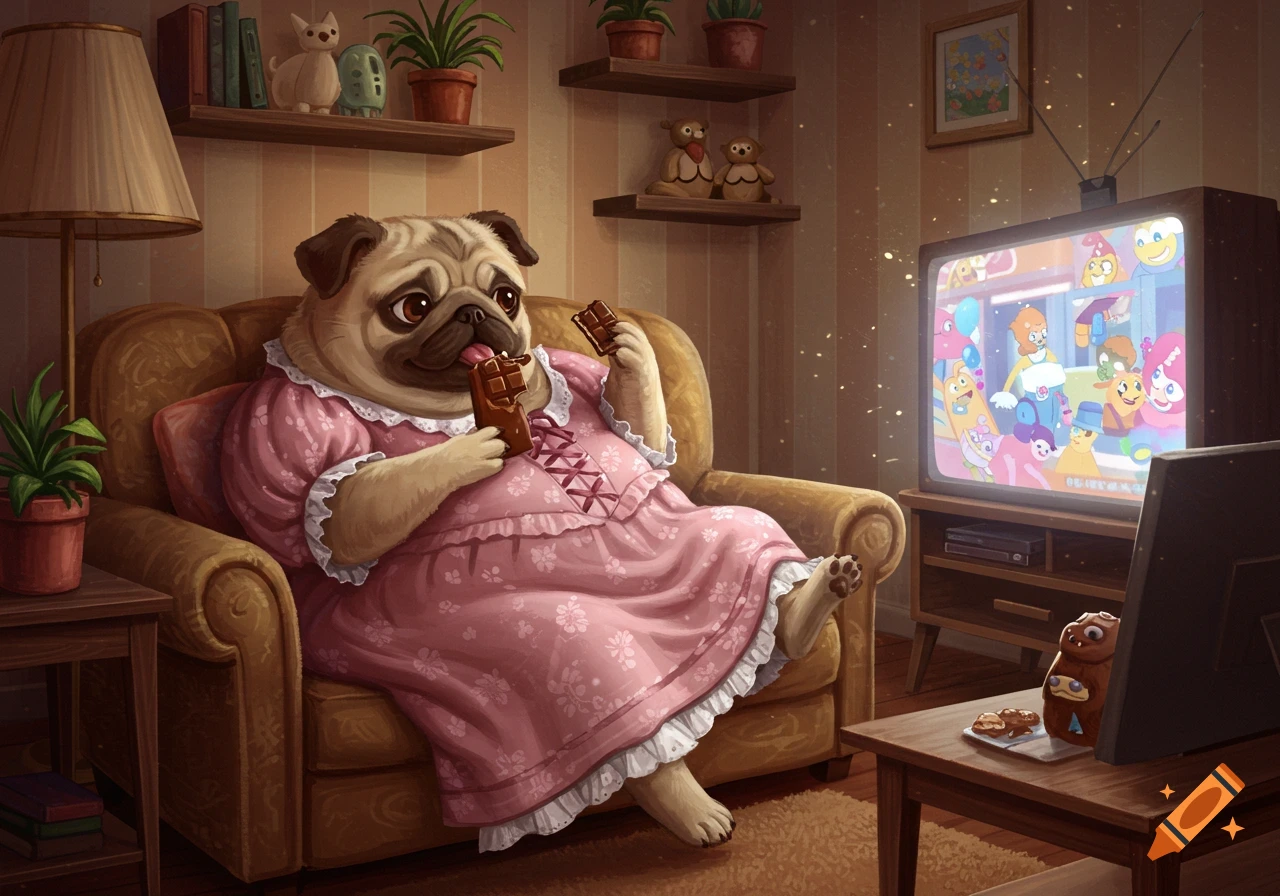 A pug-like creature in a pink dress sits on a sofa, eating chocolate and watching cartoons on a TV in a cozy room.