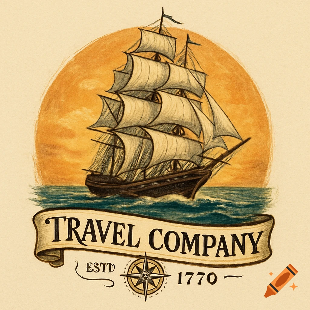 Vintage style logo for a travel company with a sailing ship on waves, a setting sun, and text 'TRAVEL COMPANY ESTD 1770'.