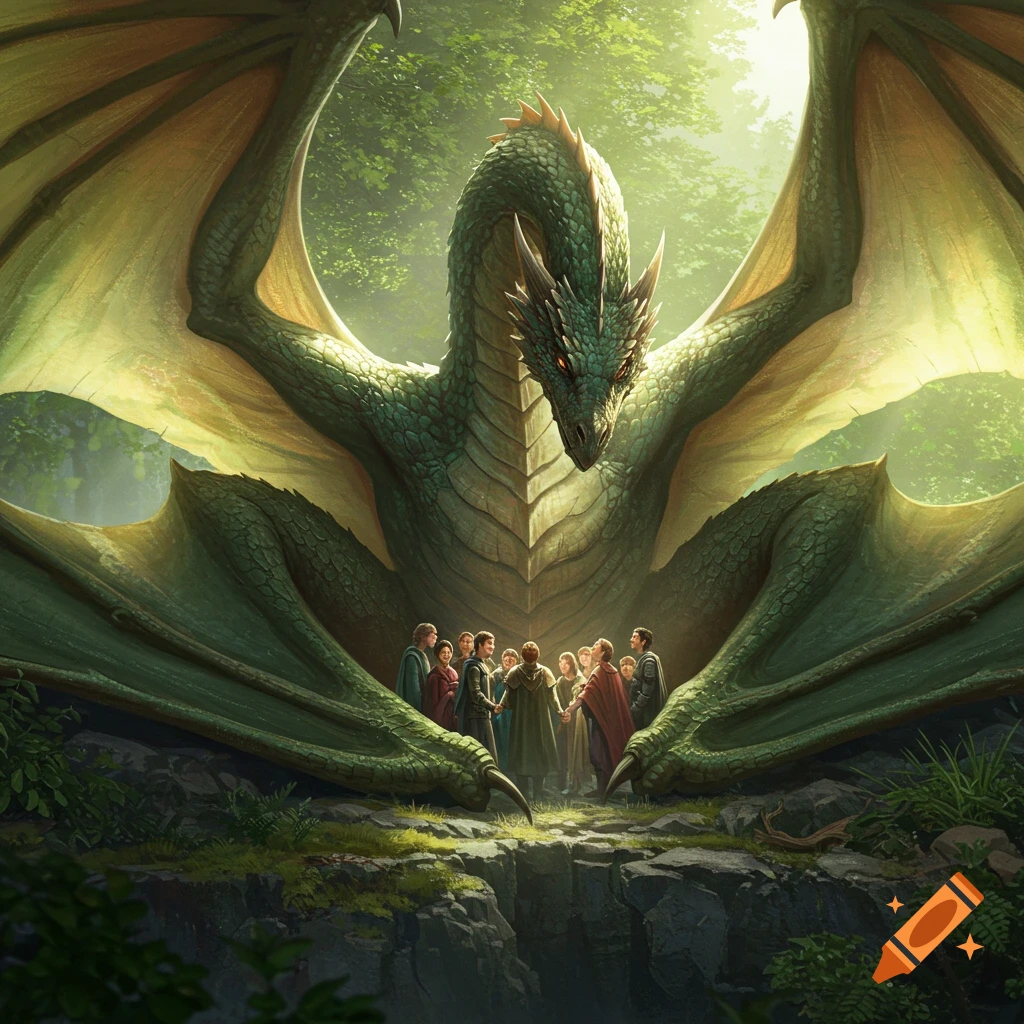 A massive green dragon with outstretched wings encompasses a group of people gathered in a lush, sunlit forest.