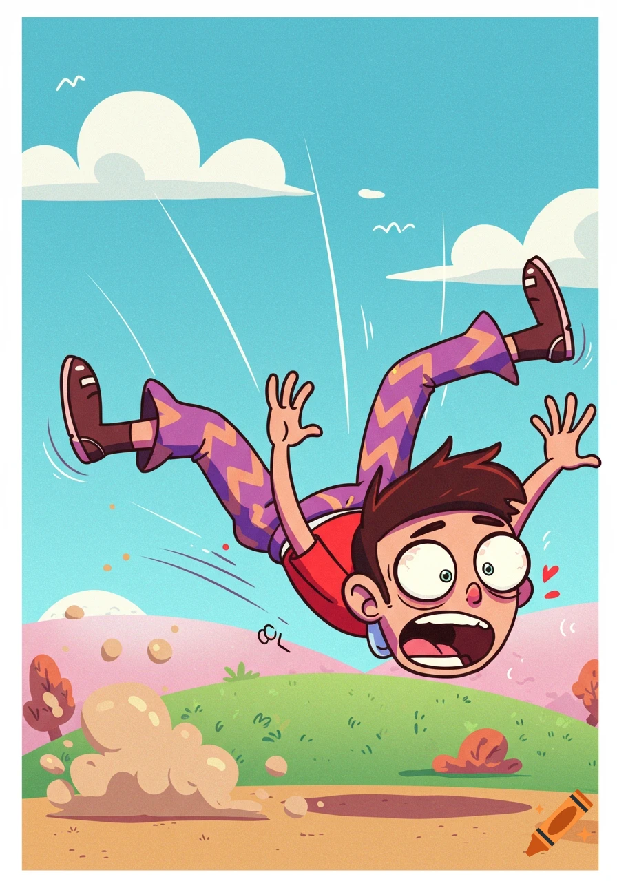 A wide-eyed cartoon boy in a red shirt and zig-zag pants falls face-first onto the ground in a vibrant landscape.
