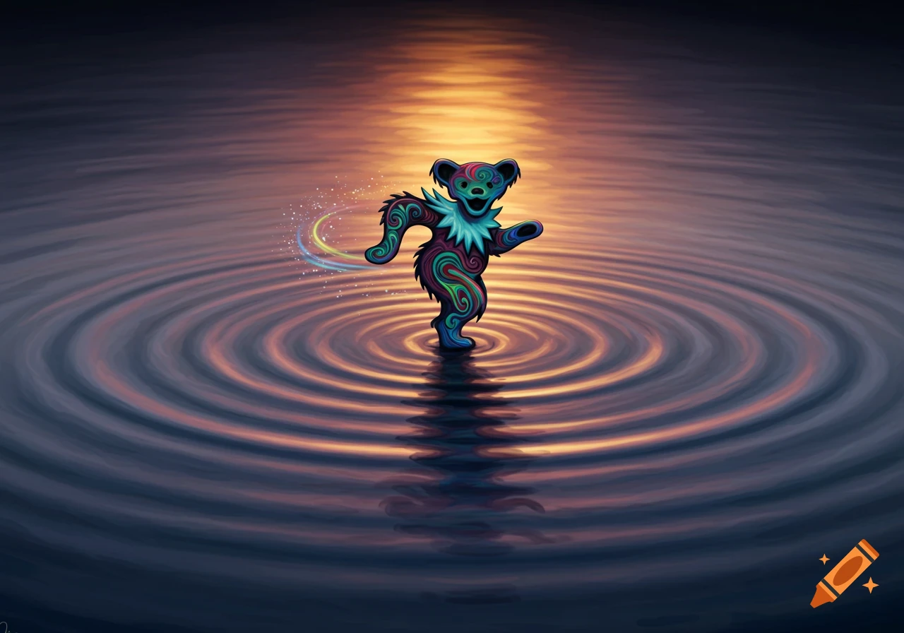 A colorful, stylized Grateful Dead dancing bear stands on a body of water with concentric ripples, reflecting an orange and purple sunset sky.