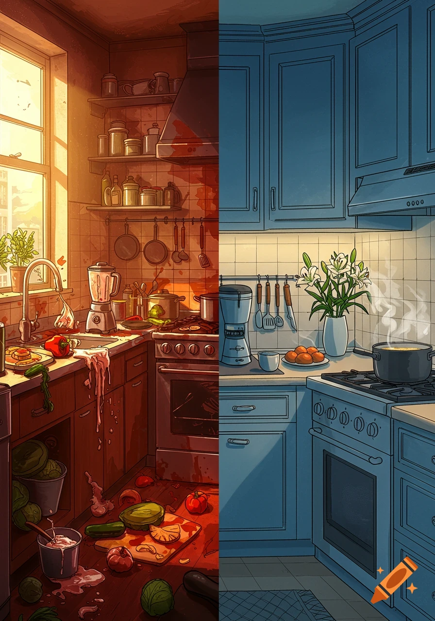 A split cartoon illustration shows a chaotic, messy kitchen on the left and a pristine, tidy kitchen on the right.