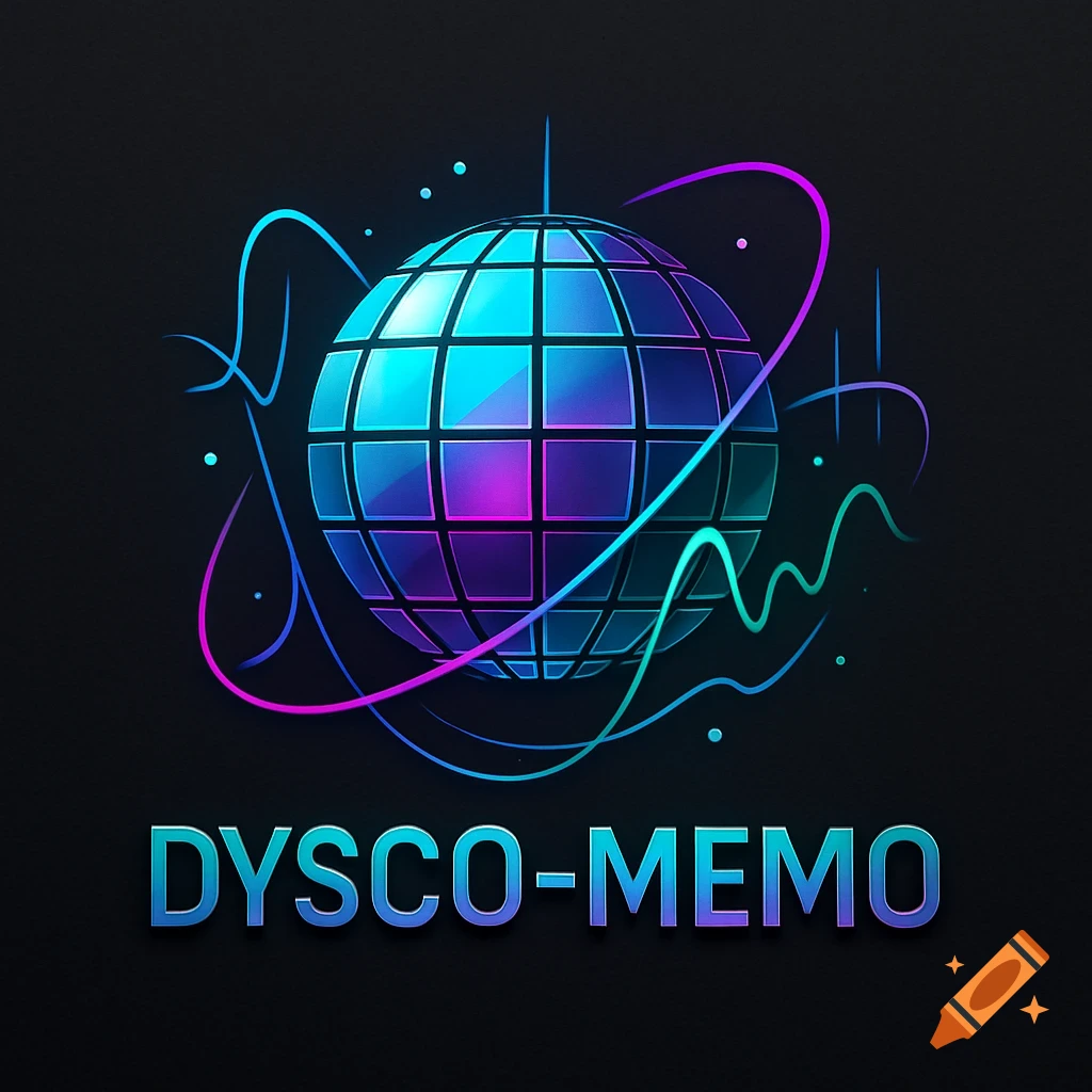 A neon blue and purple disco ball logo with abstract lines and the text "DYSCO-MEMO" below it on a dark background.