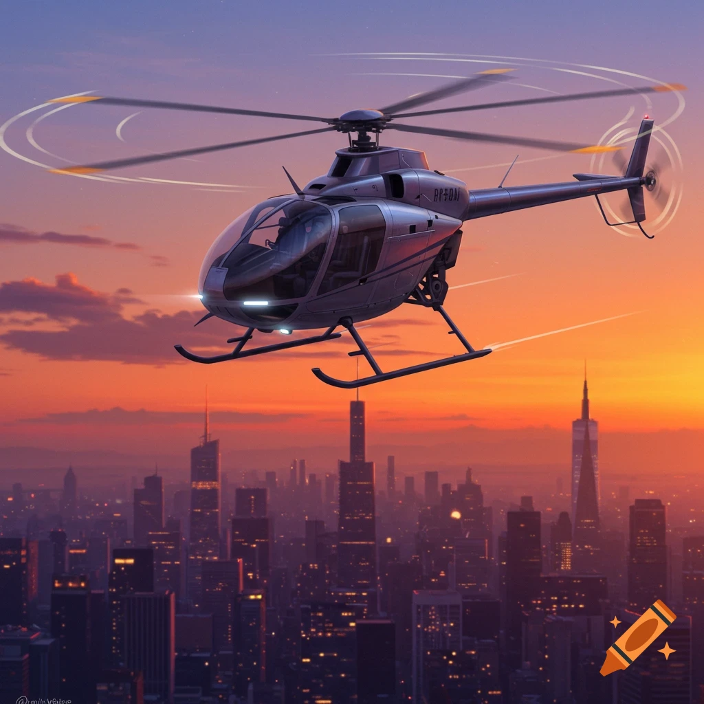 A photorealistic helicopter flies over a city skyline at sunset, with glowing orange and purple skies.