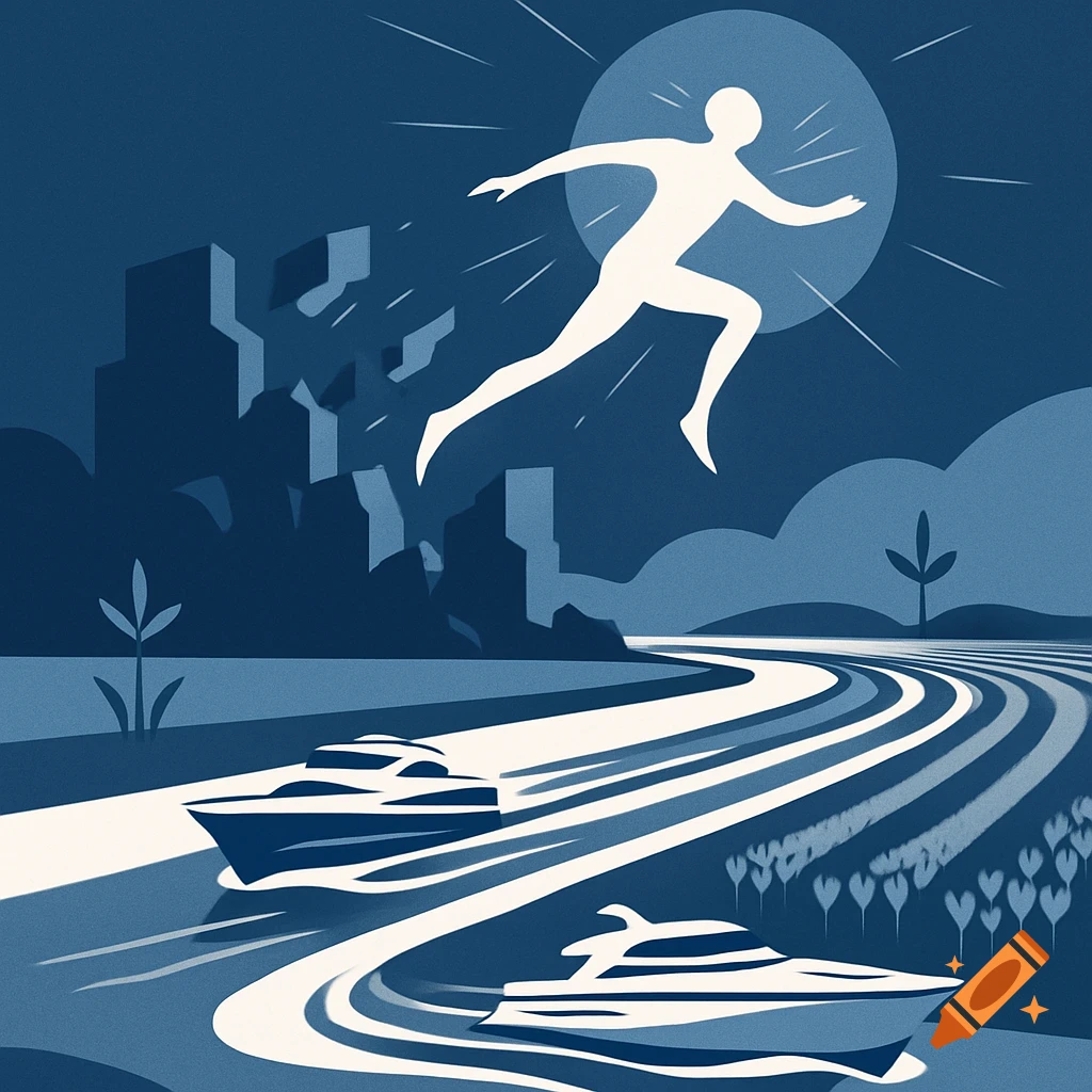 A minimalist blue and white illustration of a person leaping over stylized structures above two boats on water.