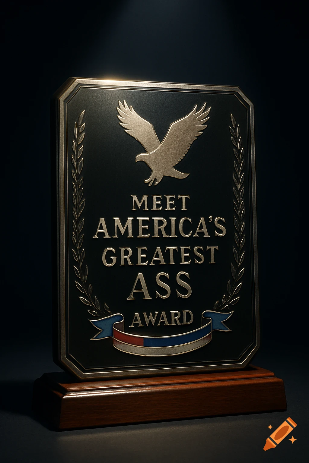 A gold and black award plaque on a wooden base with an eagle and the text "MEET AMERICA'S GREATEST ASS AWARD".