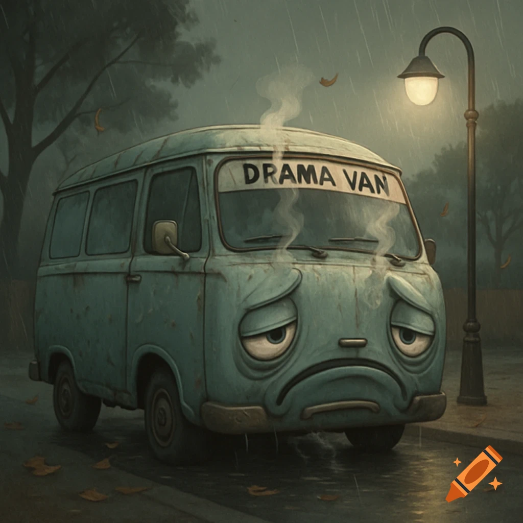 A sad-looking teal cartoon van with 'DRAMA VAN' on its roof, parked on a wet street in the rain under a streetlamp.