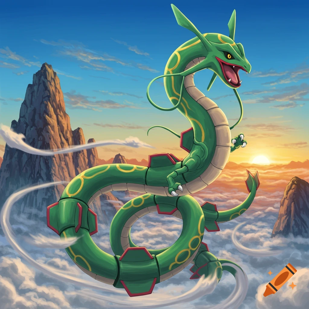 A vibrant illustration of Rayquaza, a green serpentine dragon, coiling majestically above clouds amidst rocky mountains at sunset.