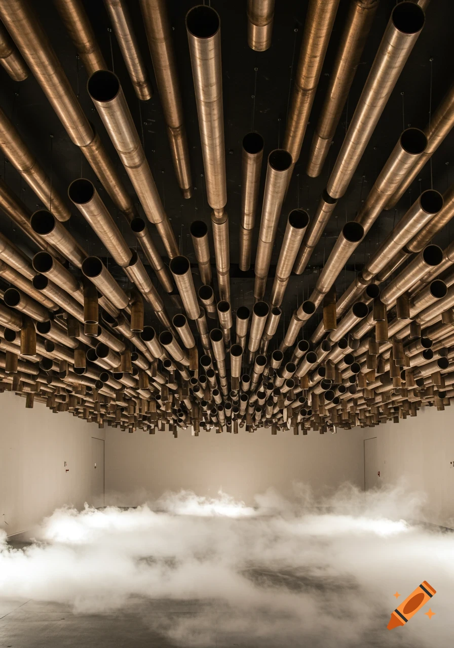 Numerous golden pipes of varying lengths hang from a dark ceiling over a misty floor in a room, creating an art installation.