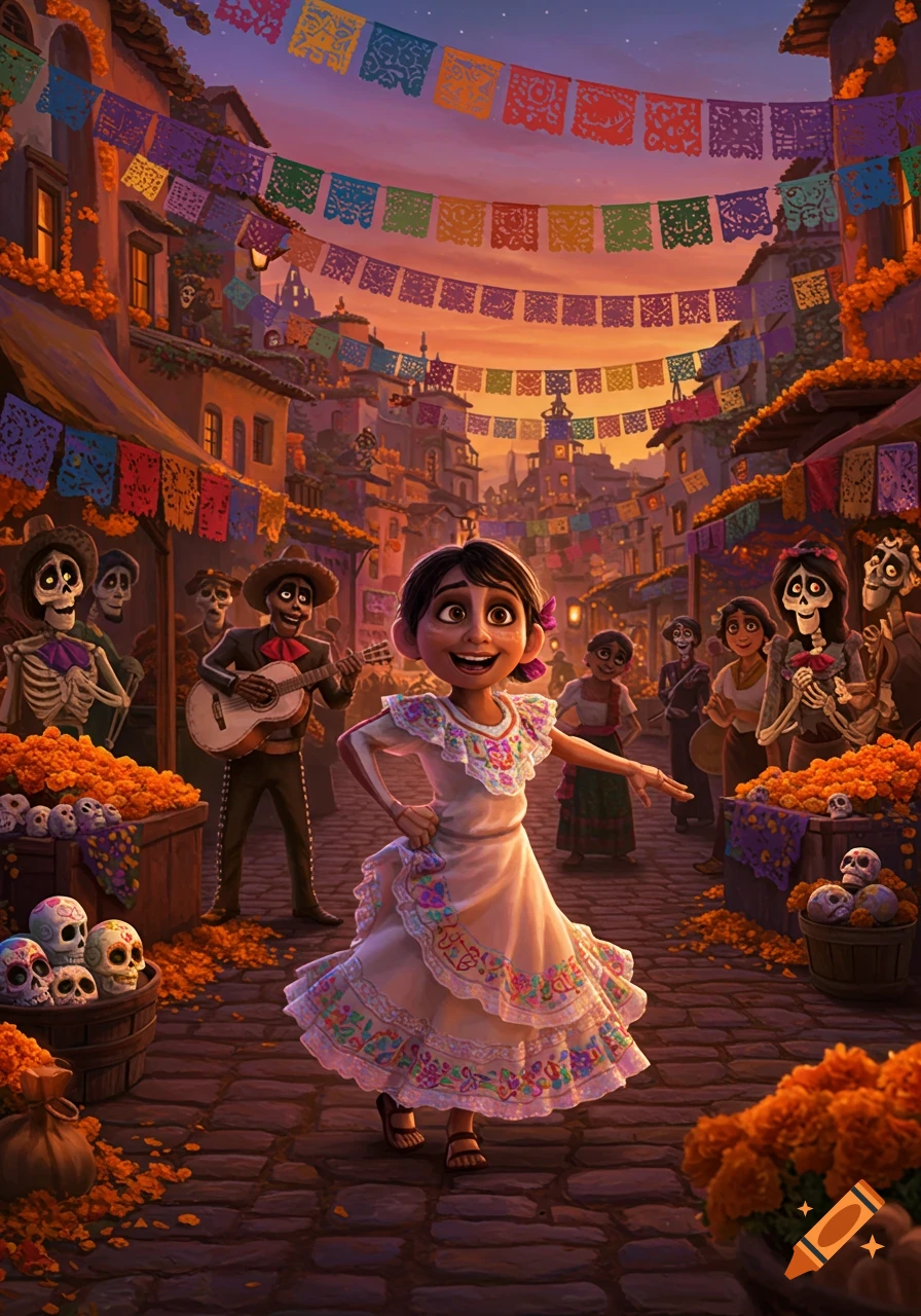 A young girl in a white dress dances joyfully in a festive street filled with colorful papel picado, marigolds, and skeletal figures playing music, inspired by Día de Muertos animation.