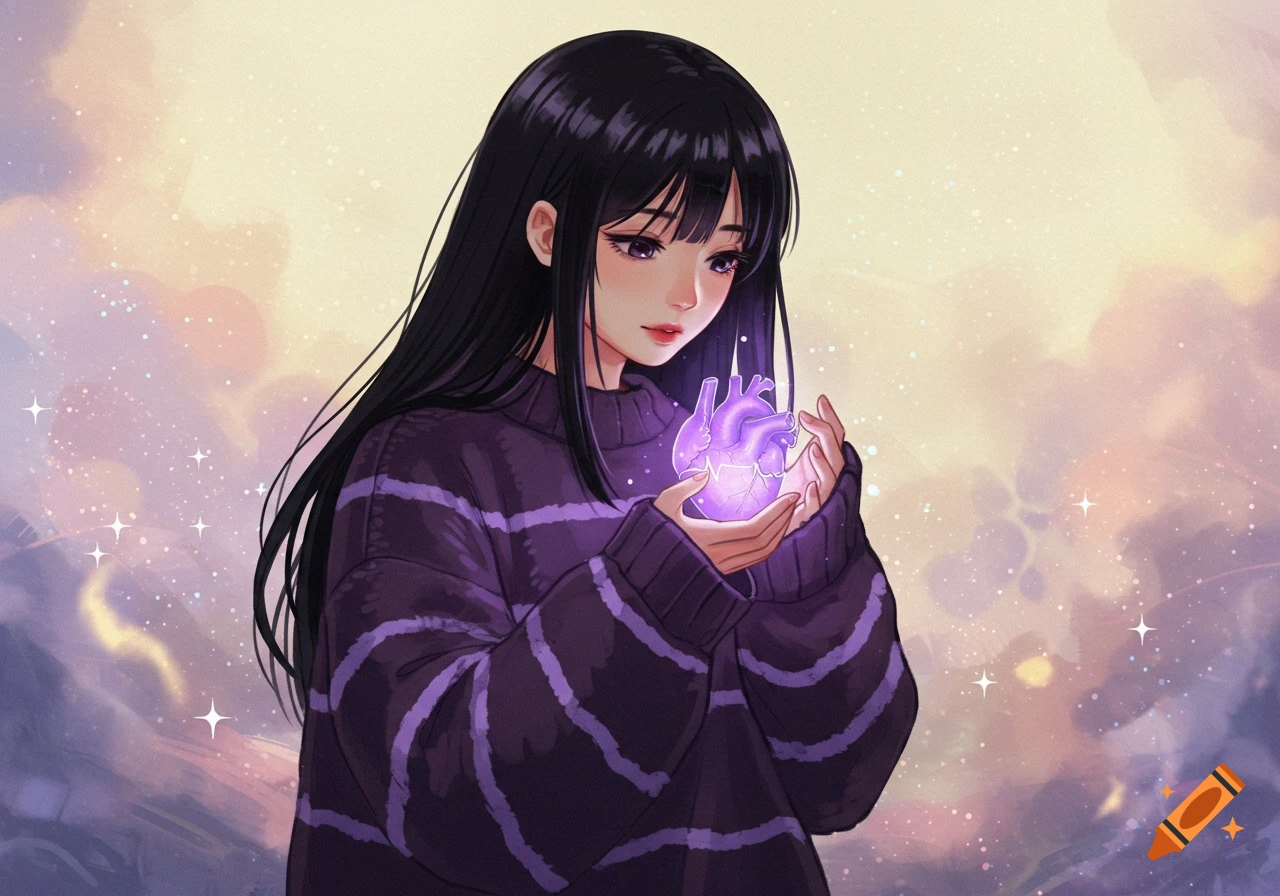 An anime girl with long black hair and bangs holds a glowing purple heart in her hands, against a pastel, cloudy, and starry sky.