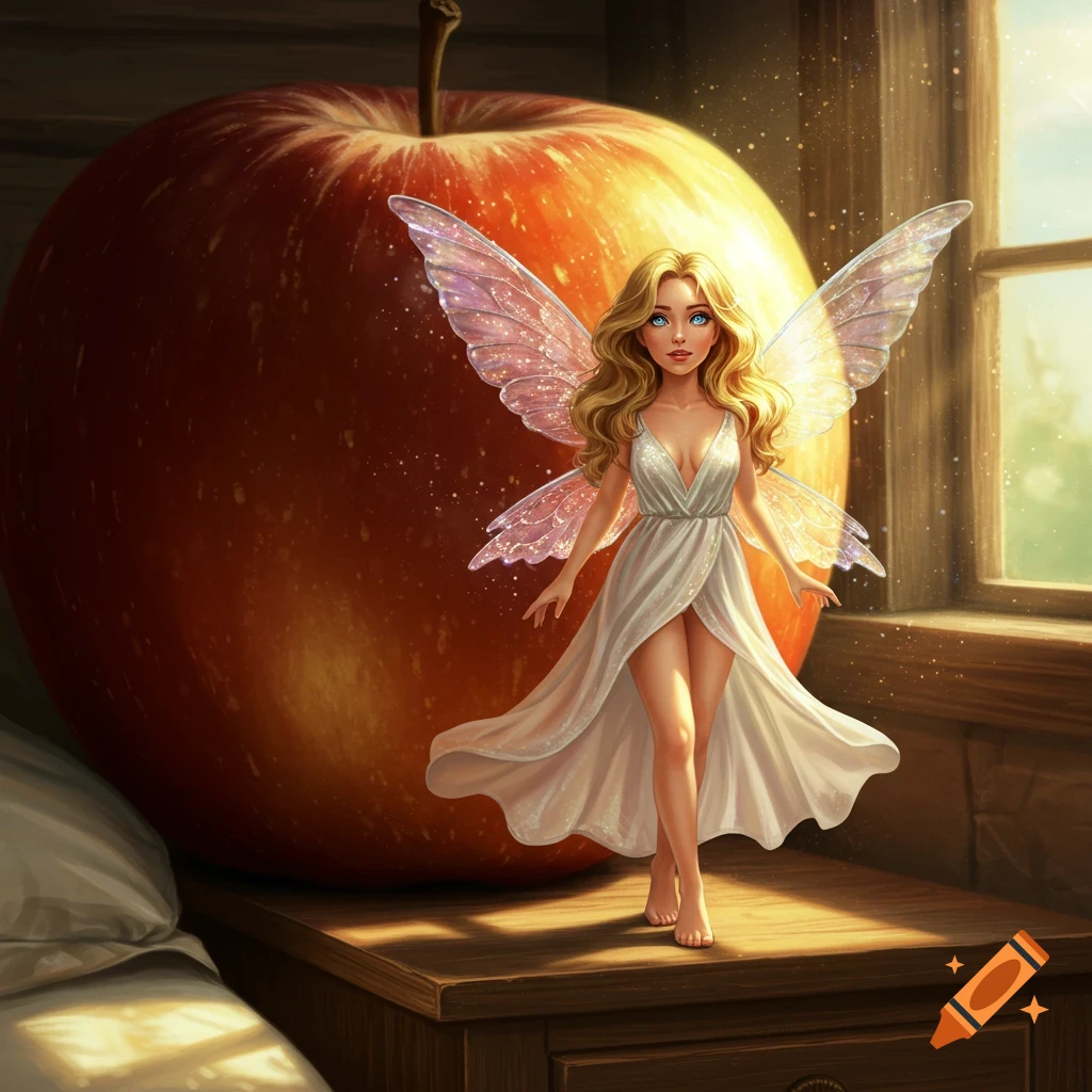 Anime-style pixie woman with blonde hair and sparkling wings, wearing a white dress, standing on a nightstand beside a giant red apple.