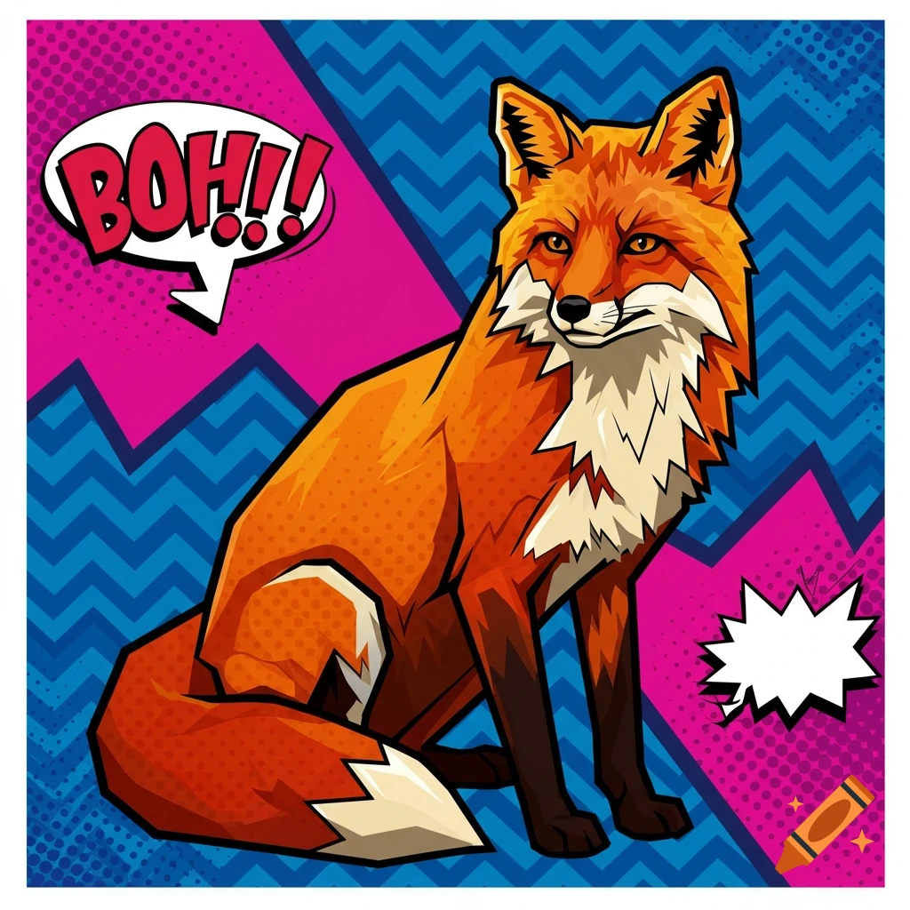 A pop art illustration of an orange fox sitting, with a 'BOH!!' speech bubble, against a vibrant pink and blue zig-zag background.