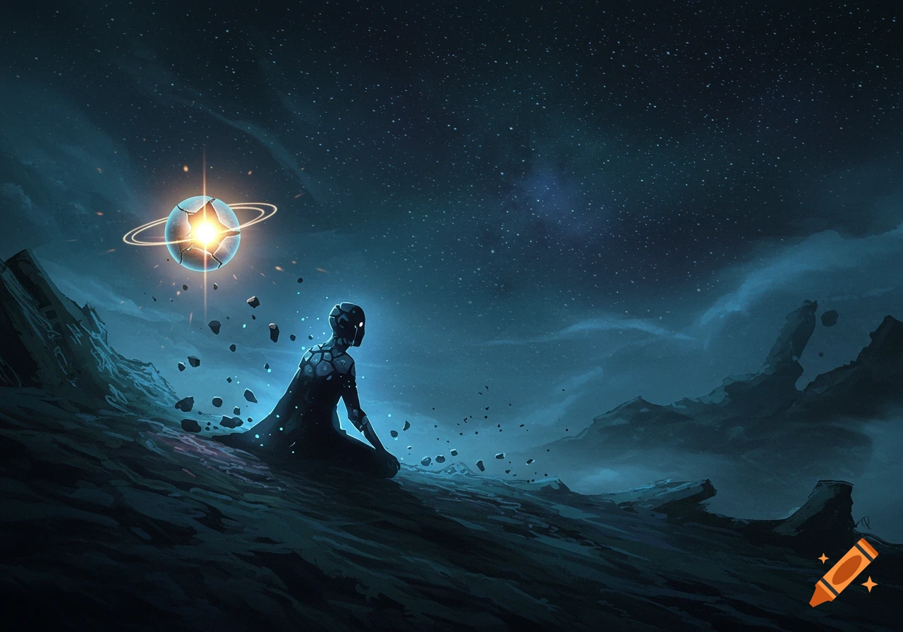 A lone, dark figure with glowing eyes sits on a desolate alien landscape, gazing at a broken, glowing orb under a starry night sky.