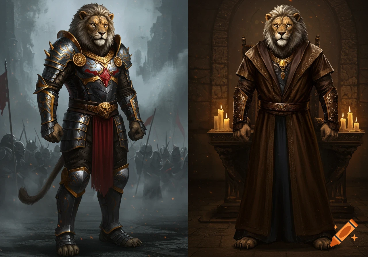 Two digital art depictions of anthropomorphic lion-men; one in dark armor on a battlefield, the other in a brown robe in a candlelit chamber.