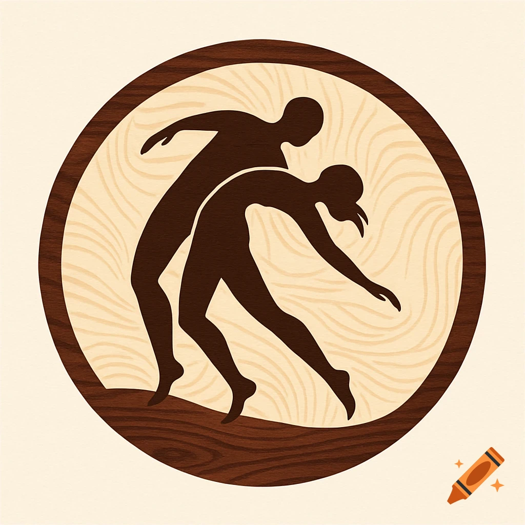 Two stylized figures in a dynamic dance pose within a circular wood grain logo, in a bicolor style.