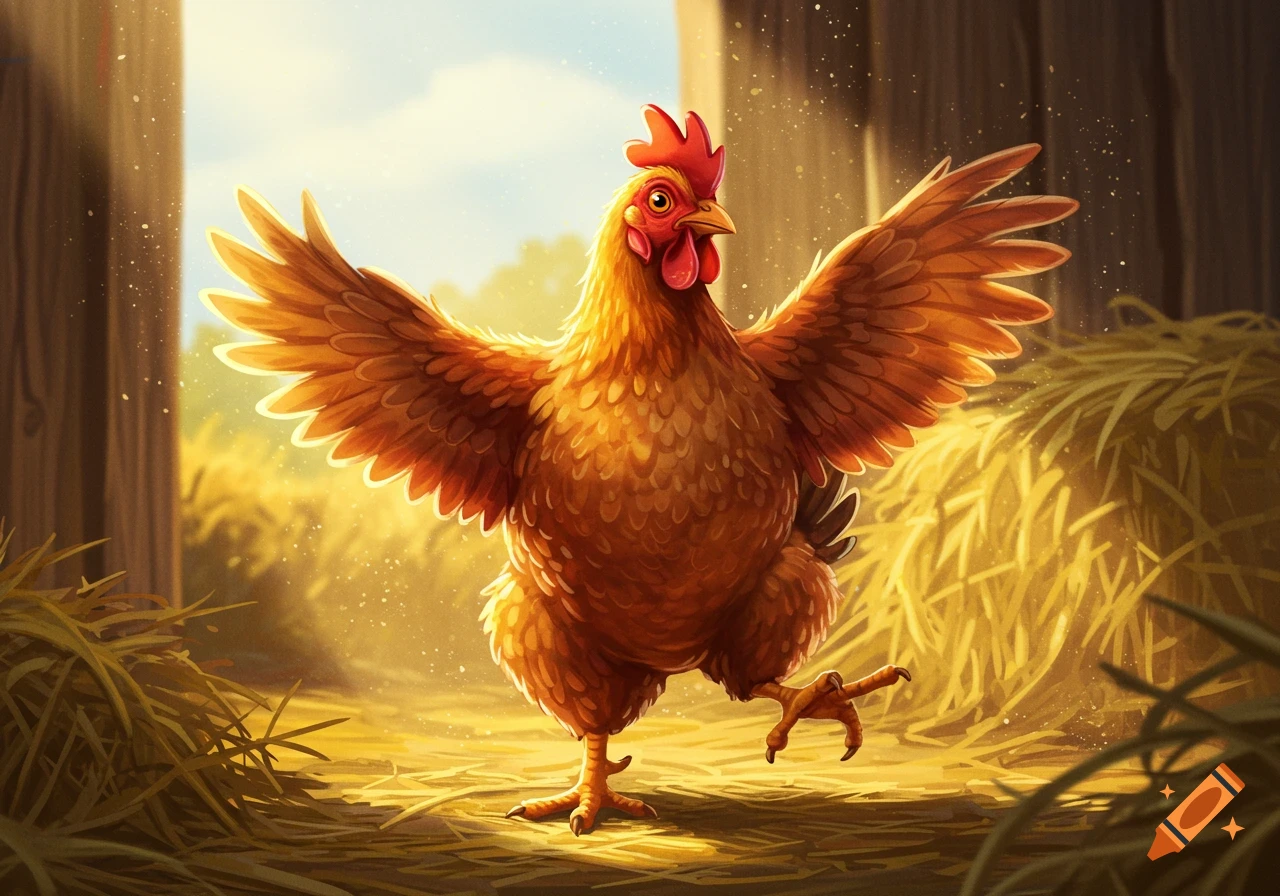 A vibrant, cartoonish golden-brown chicken spreads its wings, dancing on one leg in a sunlit barn filled with hay.