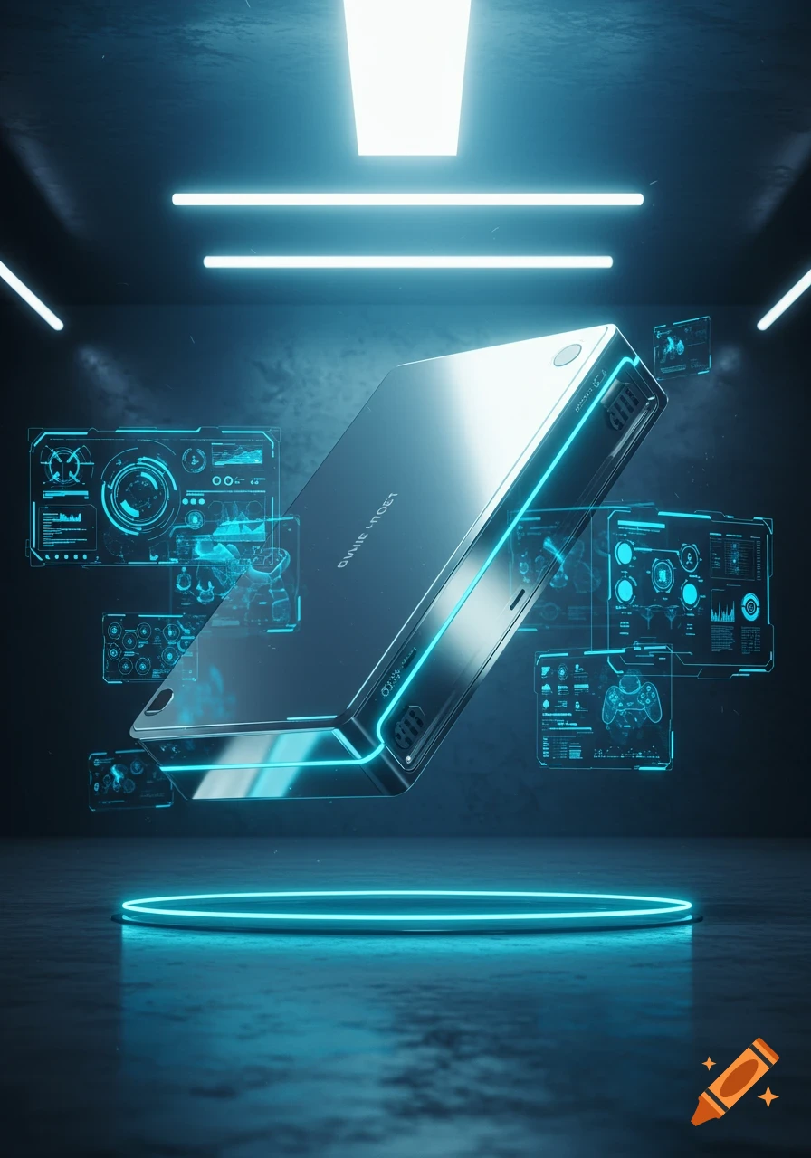 A futuristic game console with blue neon accents floats above a glowing circular platform, surrounded by holographic user interfaces in a dark room.