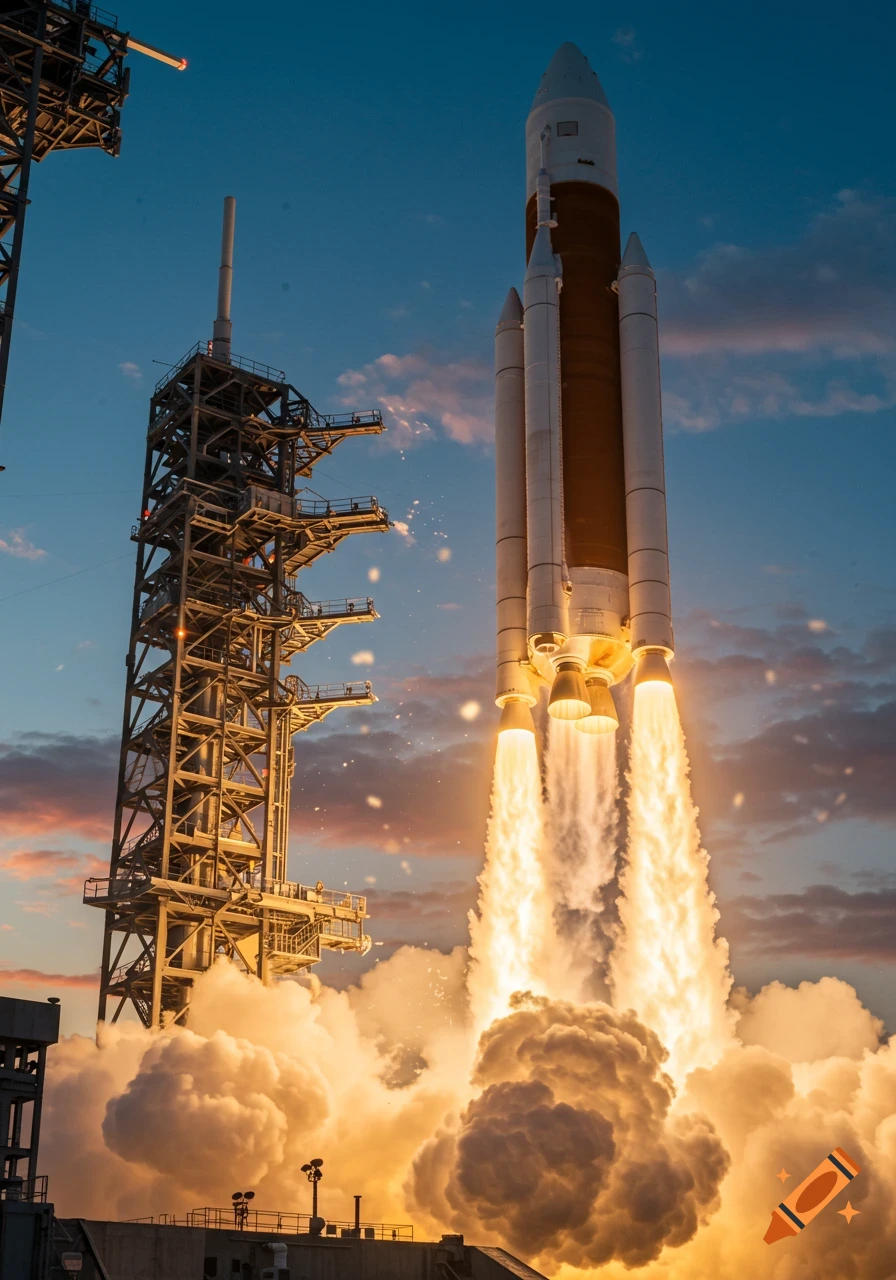 Photorealistic image of a large rocket blasting off from a launchpad with powerful orange flames and white smoke against a twilight sky.