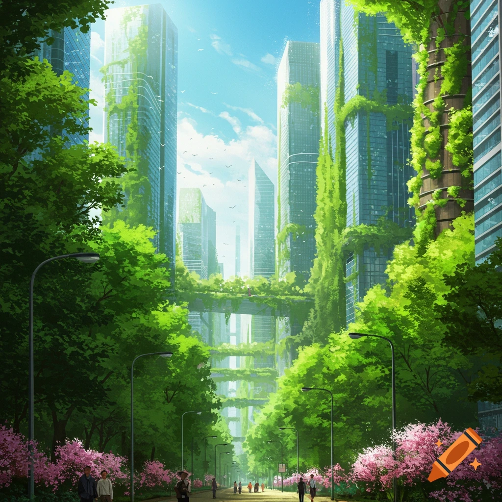 Anime illustration of a green, futuristic city with skyscrapers covered in lush foliage, and people walking on a tree-lined avenue with pink flowers.
