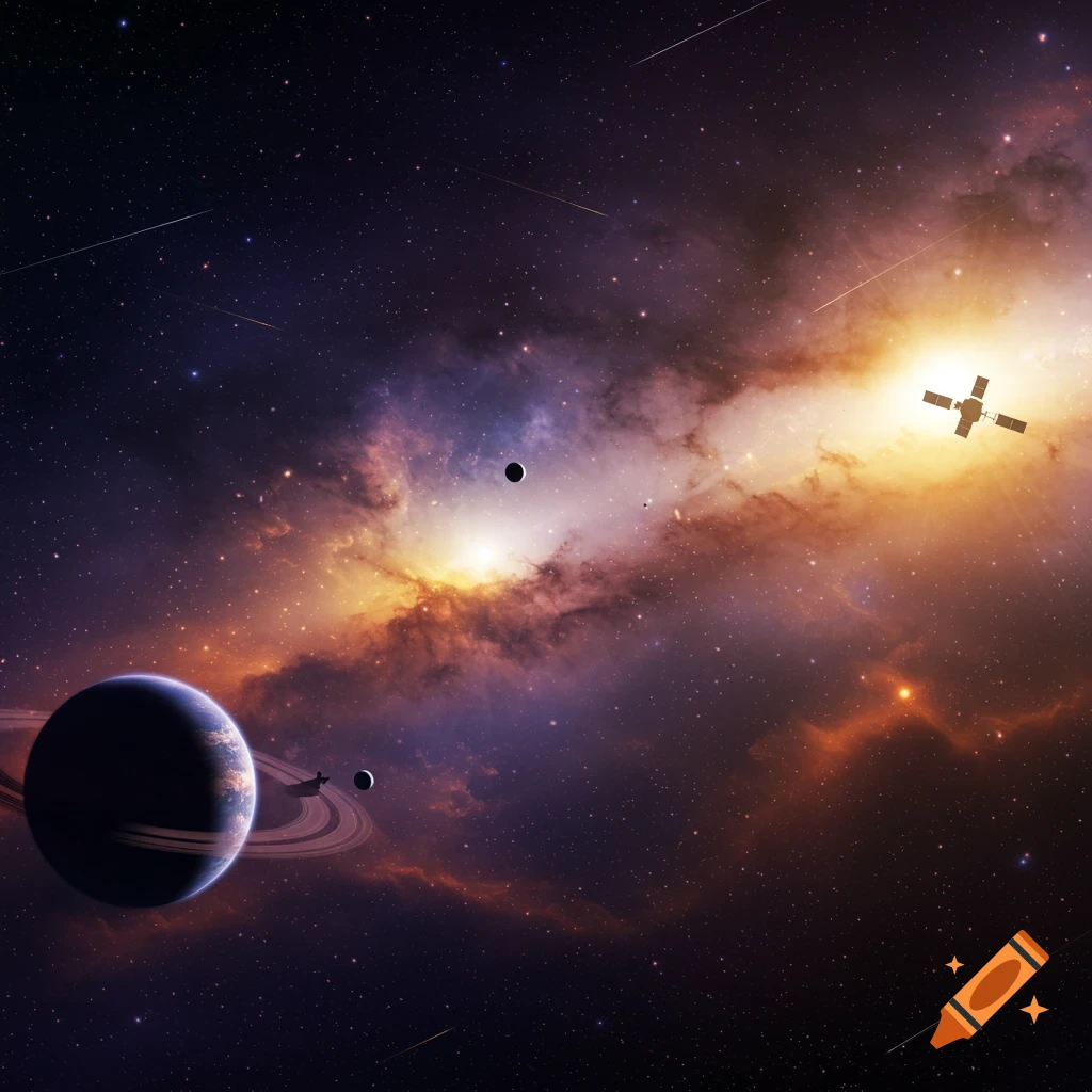 A vibrant space scene with a ringed planet, moons, shooting stars, and a satellite amidst colorful nebulas and a starry sky.