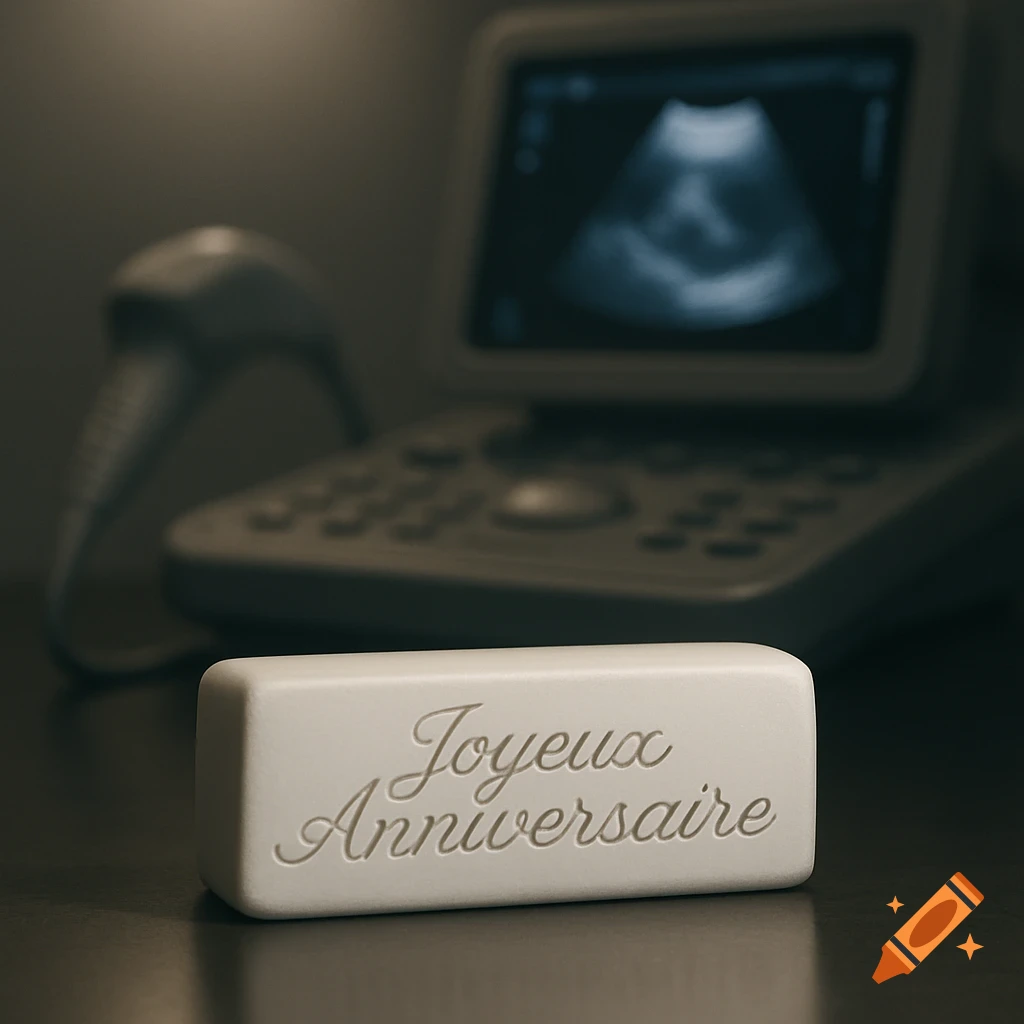A white bar of soap with 'Joyeux Anniversaire' engraved, in front of a blurred ultrasound machine showing a sonogram.