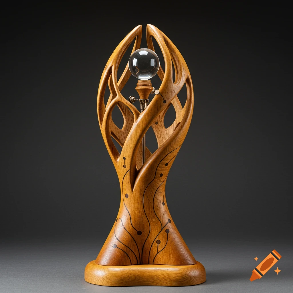 An elegant wooden artifact with intricate, flowing carvings and a clear glass sphere at its core, set against a dark background.