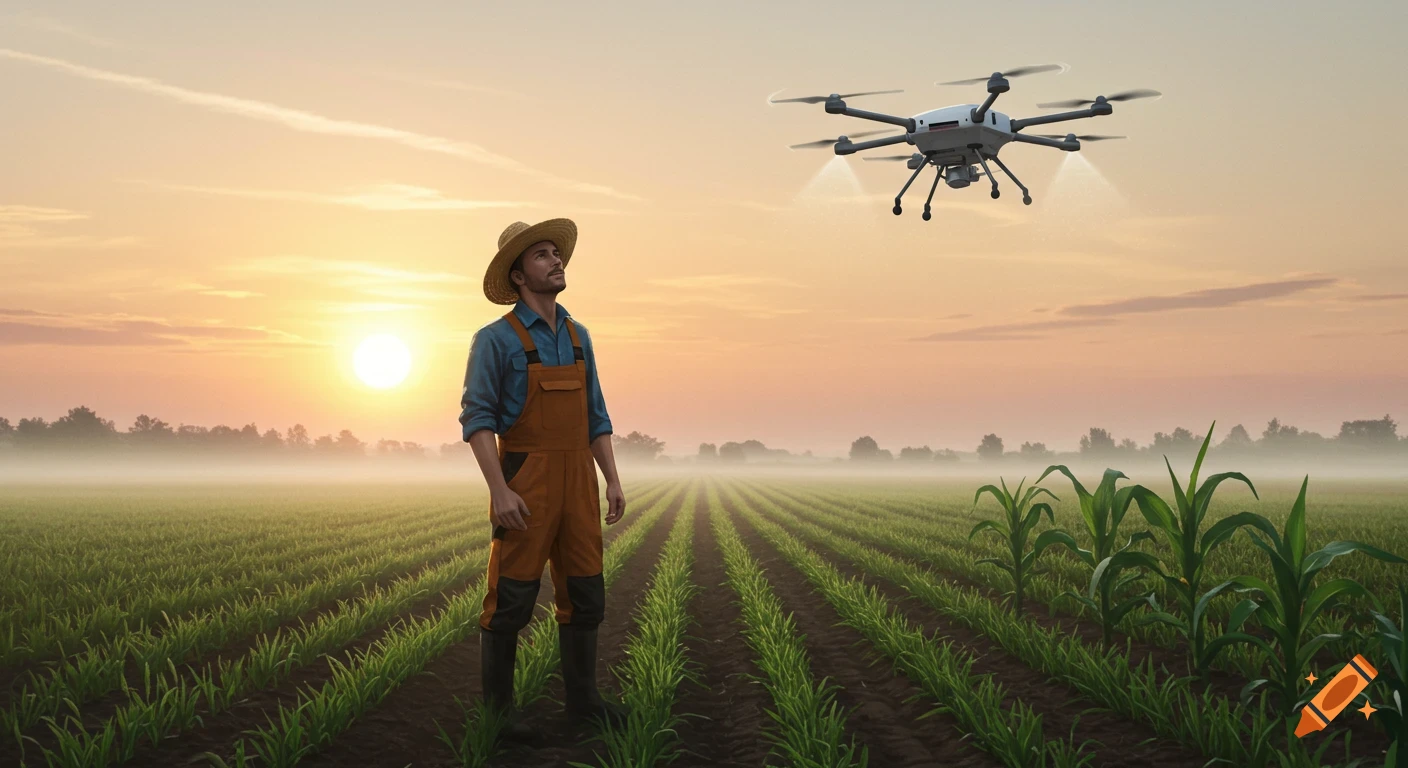 Photorealistic image of a farmer in a green field at sunrise, looking up at a drone flying above crops.
