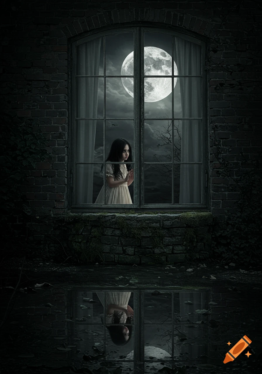 A melancholic young girl in antique clothing gazes out a gothic window at a full moon, reflected in dark water below.