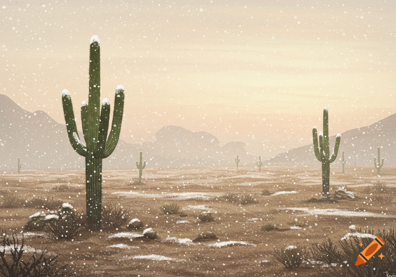 A grainy illustration of a snowy desert landscape with two saguaro cacti dusted with snow and mountains in the distance under a pale sky.
