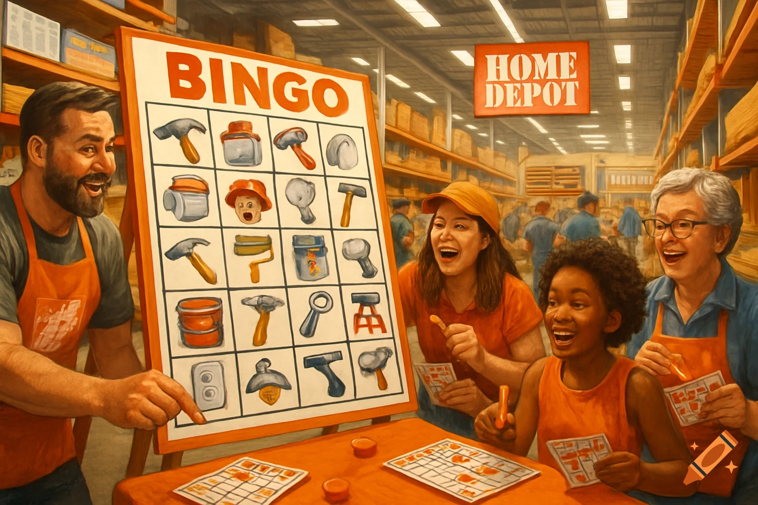A diverse group of people, including a man, two women, and a child, excitedly play Bingo in a Home Depot store aisle. A large Bingo board displays tools and a "HOME DEPOT" sign is visible in the background.