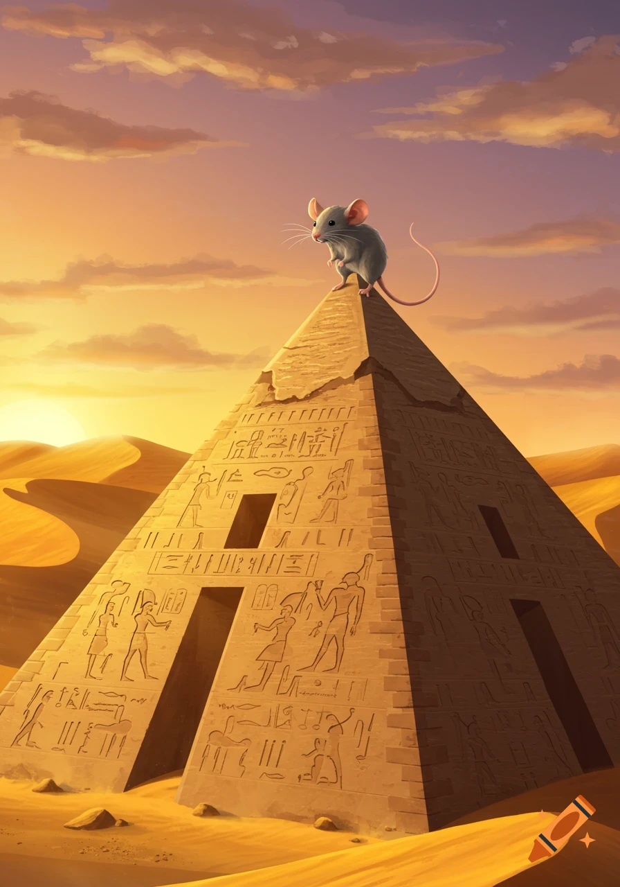 A small grey mouse stands on the peak of an ancient, hieroglyph-covered pyramid in a vast desert at sunset, looking out.