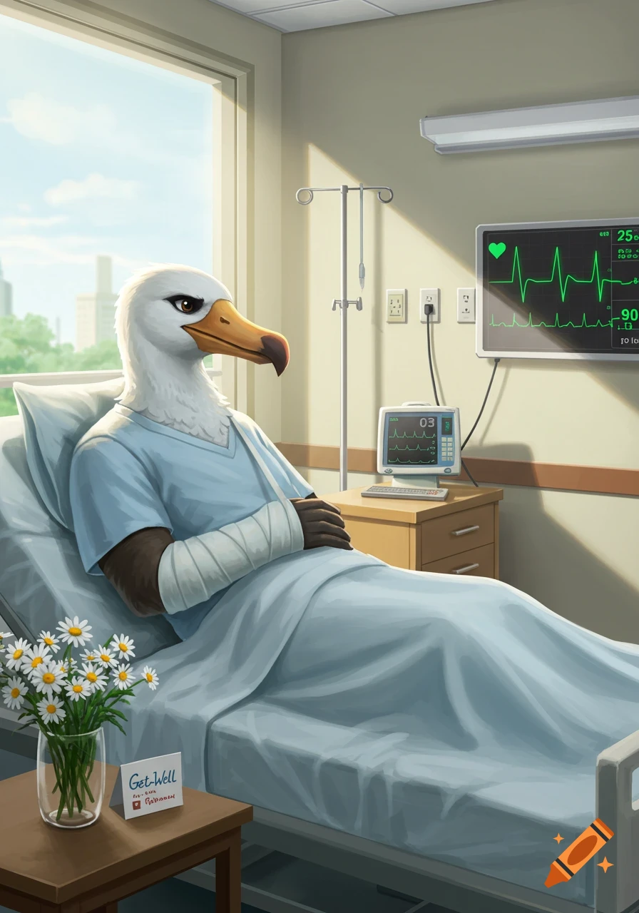 An anthropomorphic seagull lies in a hospital bed with a bandaged arm, with a get-well card and flowers on a table, in an illustrative style.