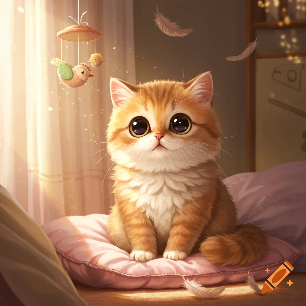 A fluffy orange and white kitten with big, dark eyes sits on a pink pillow in a warm, sunlit room, with hanging bird mobiles and floating feathers.