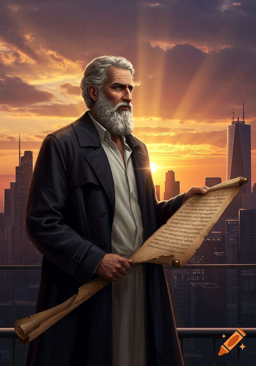 An elderly man with a white beard and a dark coat stands on a high-rise balcony, holding an unrolled scroll, with a modern city skyline at sunset in the background.