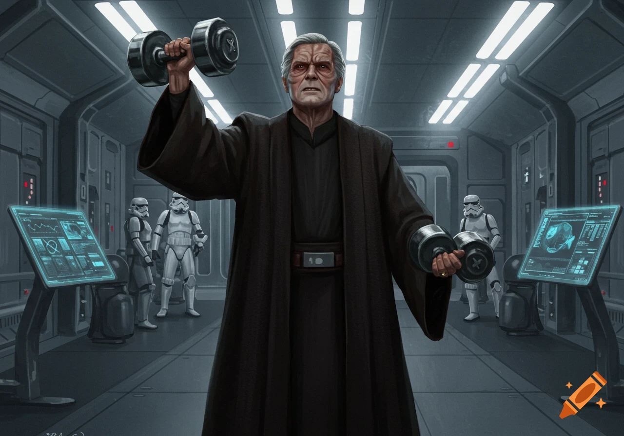 Emperor Palpatine lifts dumbbells in a futuristic spaceship gym with Stormtroopers, in a digital painting style.