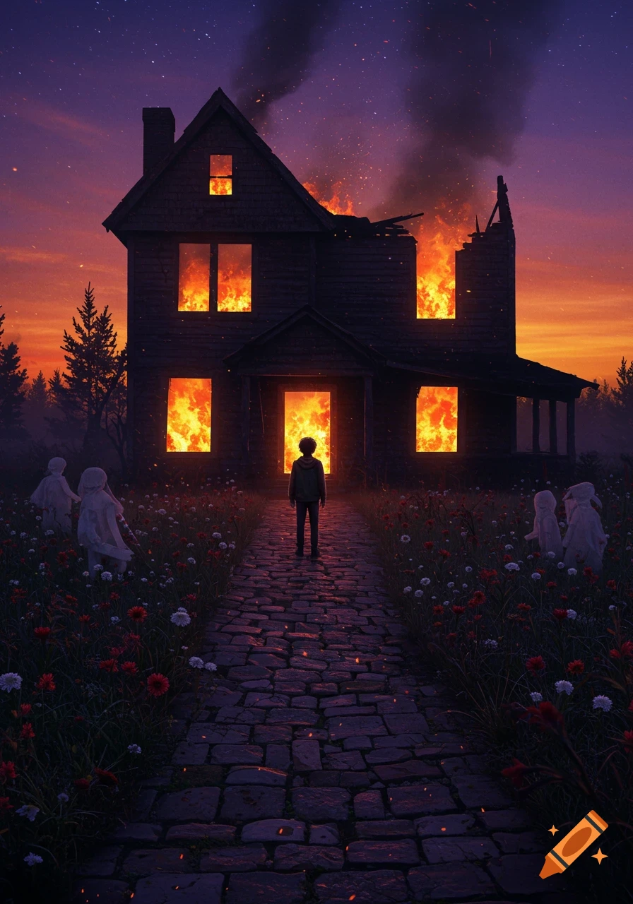A child stands on a stone path facing a burning house at dusk, with ghostly figures and red flowers in the foreground.