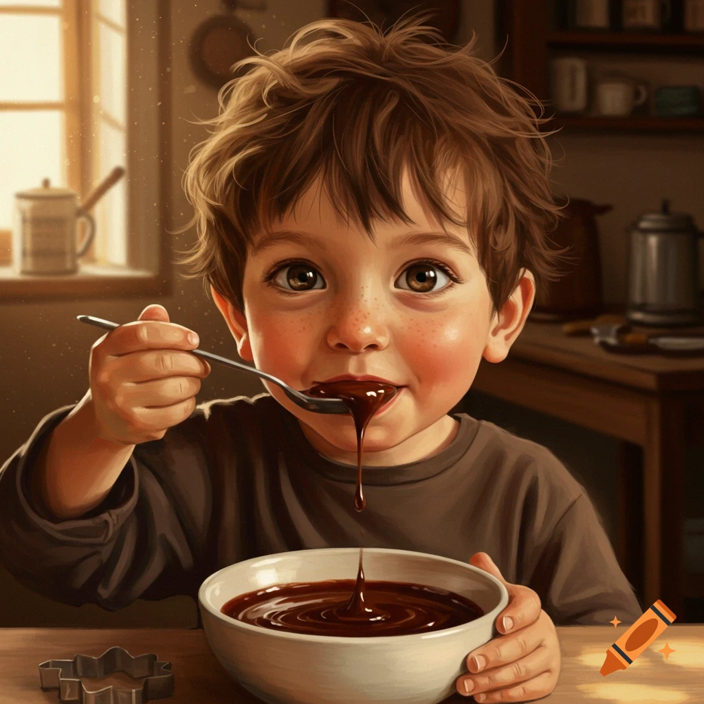 A young boy with big eyes and freckles spoons dripping chocolate from a bowl in a warm kitchen.