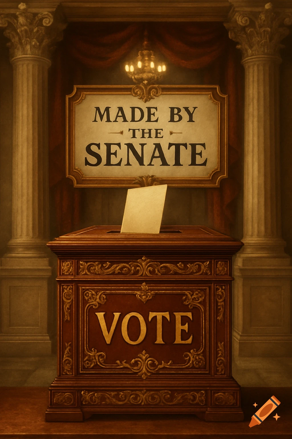 An ornate wooden voting box with a ballot, a sign above reads "MADE BY THE SENATE," flanked by classical pillars. "VOTE" is embossed on the box.
