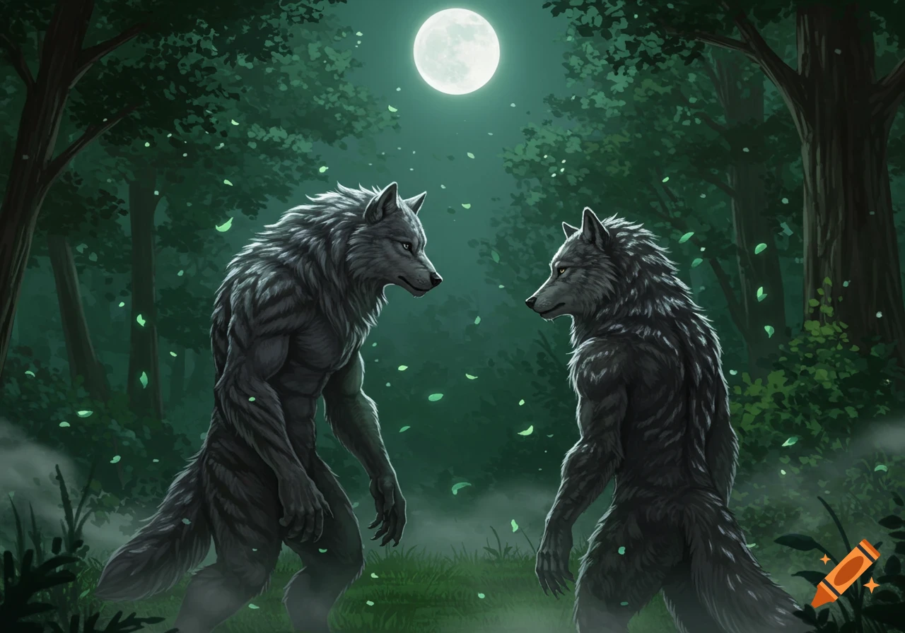 Two muscular werewolves stand facing each other in a dark, misty forest under a bright full moon, with green leaves floating around them.