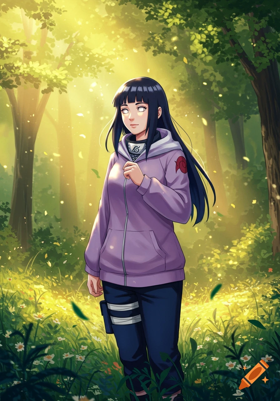Anime character Hinata Hyuga with glowing Byakugan eyes, wearing a purple hoodie, stands in a sunlit forest.