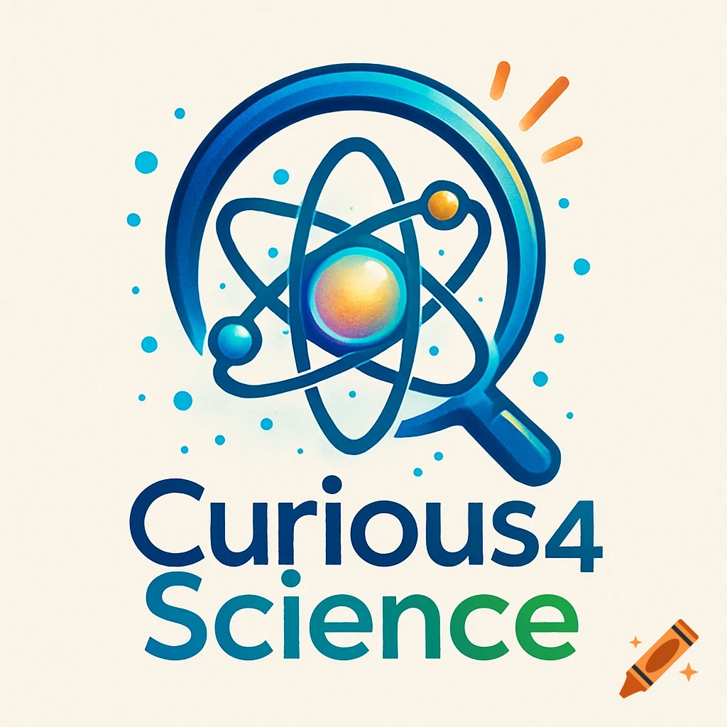 A vibrant logo featuring a blue magnifying glass encircling an atom with orbiting electrons, with the text 'Curious4Science' below it.