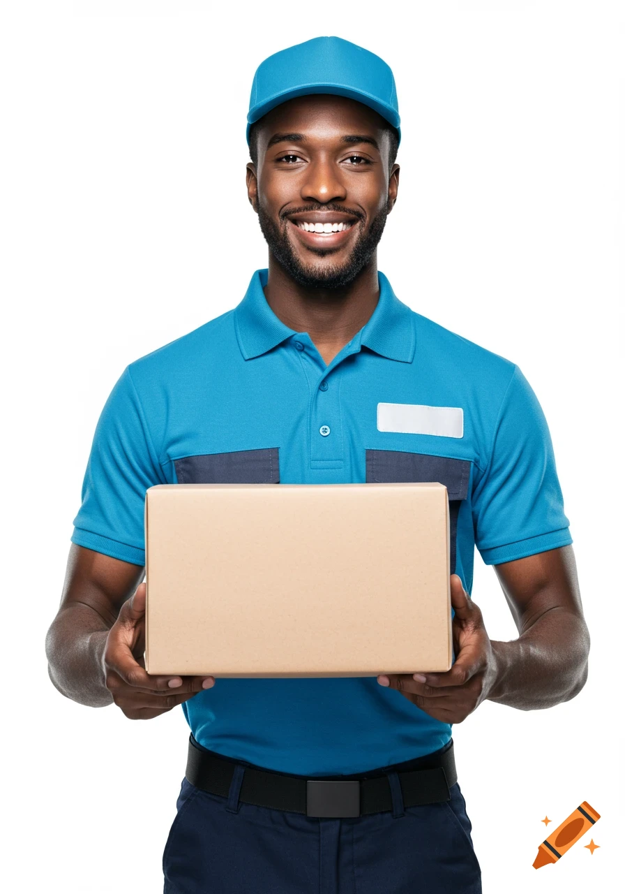 A smiling young Black man in a blue delivery uniform holds a brown package, isolated on a white background.