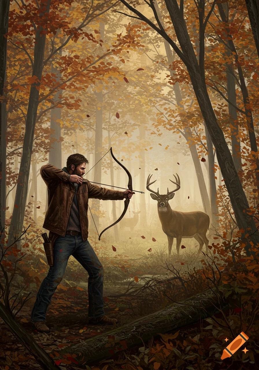 A man in a brown jacket aims a bow and arrow at a deer in a misty, autumnal forest with golden leaves.