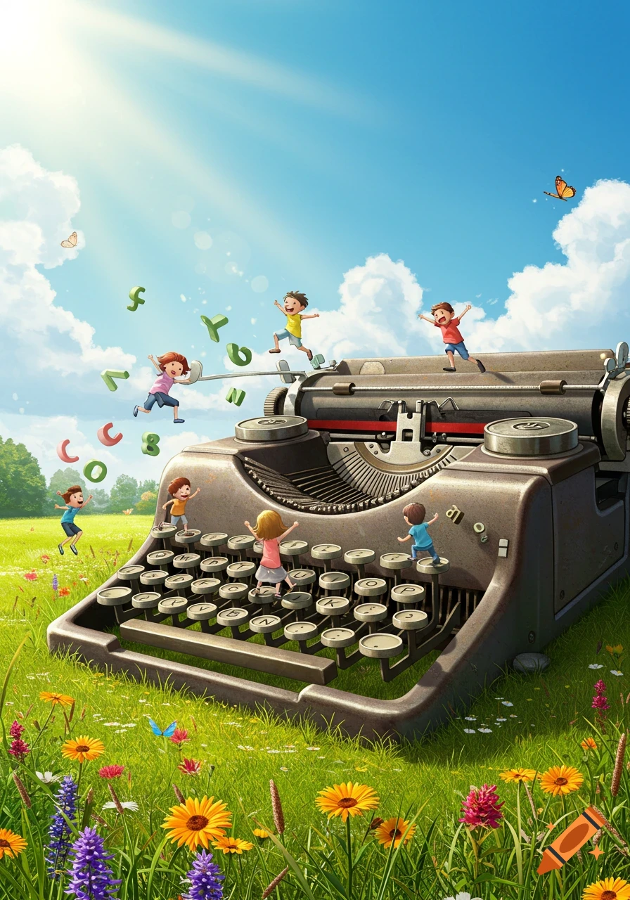 A whimsical illustration of children playing on a giant old-fashioned typewriter in a vibrant, sunny meadow with colorful flowers and floating letters.