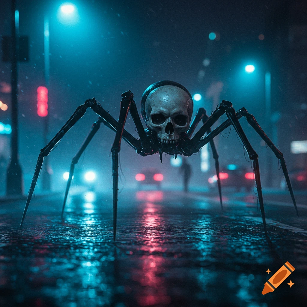 A photorealistic alien spider with a human skull for a head stands on a wet city street at night, reflecting blue and red lights.