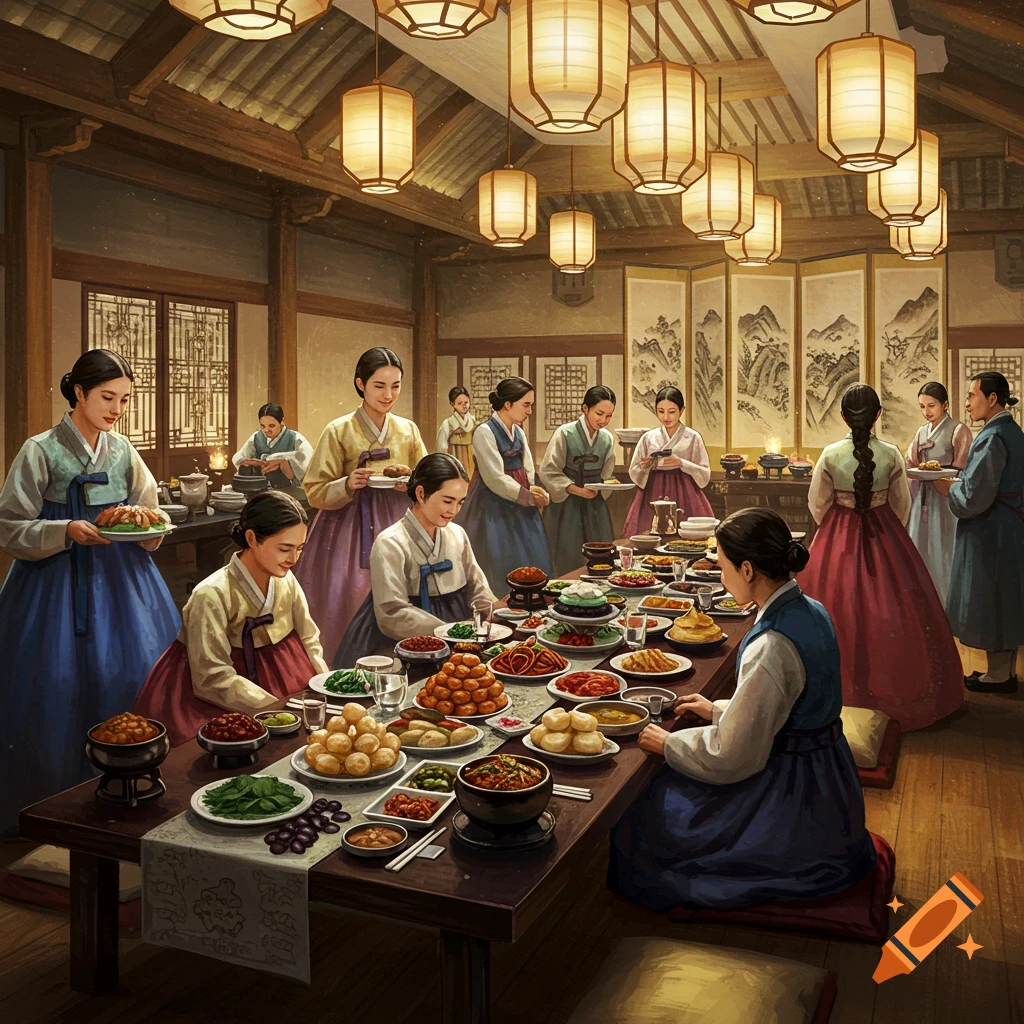 Women in traditional Korean hanbok gather around a large table laden with an elaborate feast in a traditional room lit by lanterns.