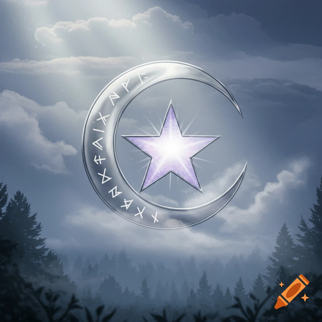 A glowing purple star inside a silver crescent moon with runic symbols, set against a cloudy sky over a dark forest.